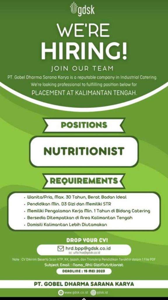 Lowongan Nutritionist Kalimantan Tengah 