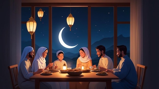 Ilustrasi santap sahur bersama keluarga untuk ibadah puasa.