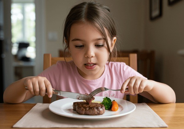 Ilustrasi anak makan yang memiliki protein hewani.