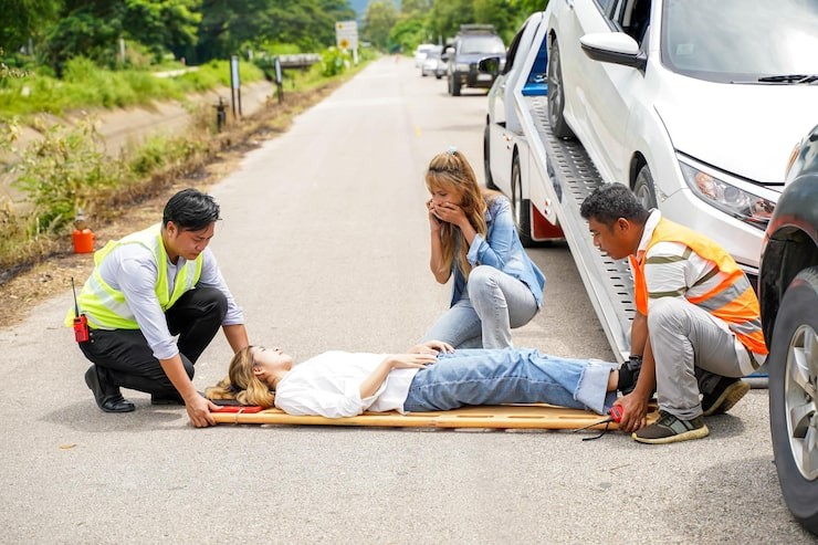 Situasi melakukan pertolongan pertama pada orang yang alami kecelakaan.